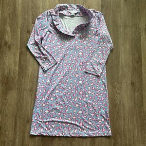 La Mer Luxe Leopard Dress Blue & Pink Size Small Ruffle Collar V-Neck